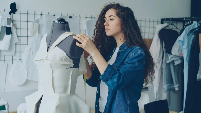 A fashion designer works on a mannequin.